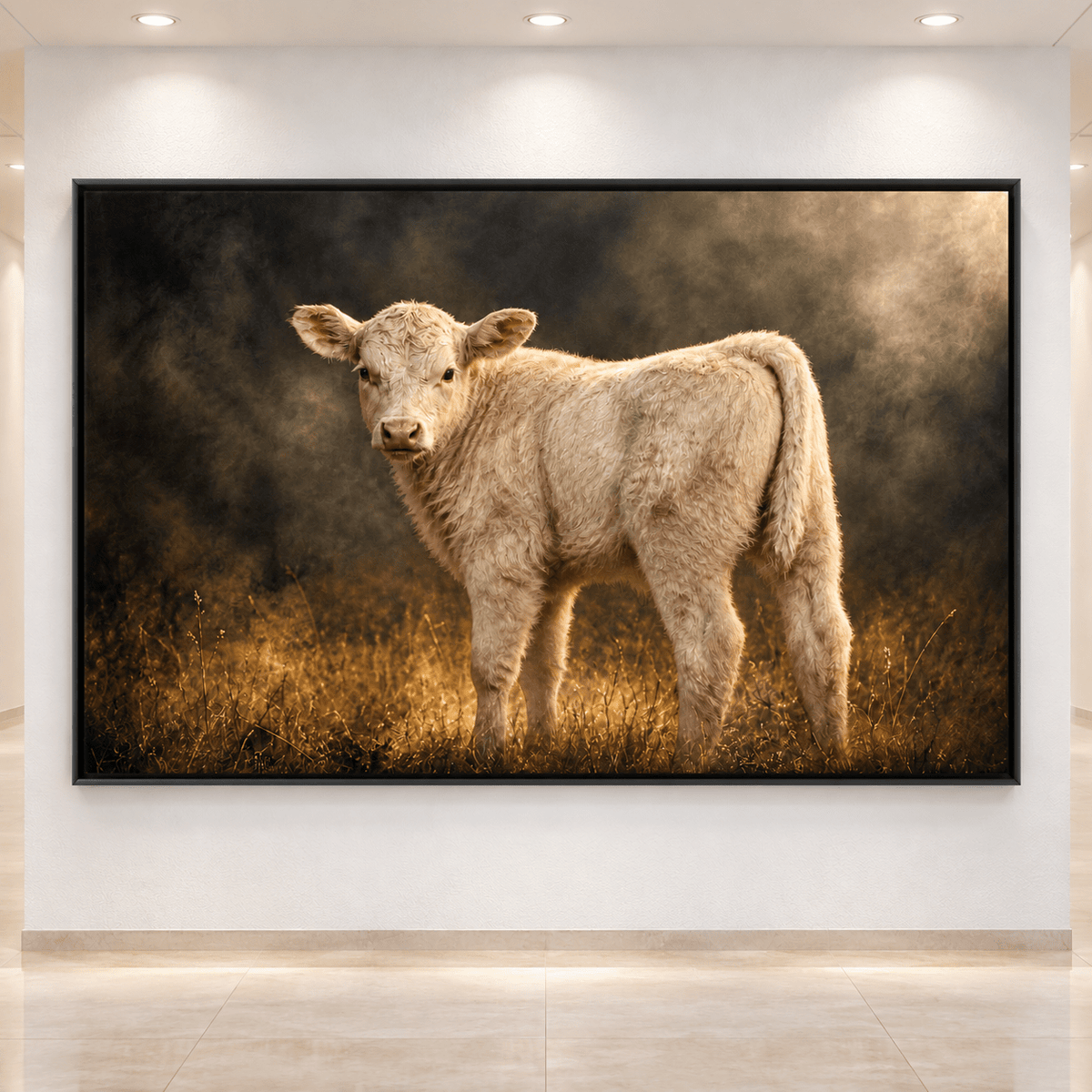 Cream White Charolais Calf in Golden Mist Wrapped Canvas Wall Art – Moody Cattle Portrait Print - ART OF ROYALS