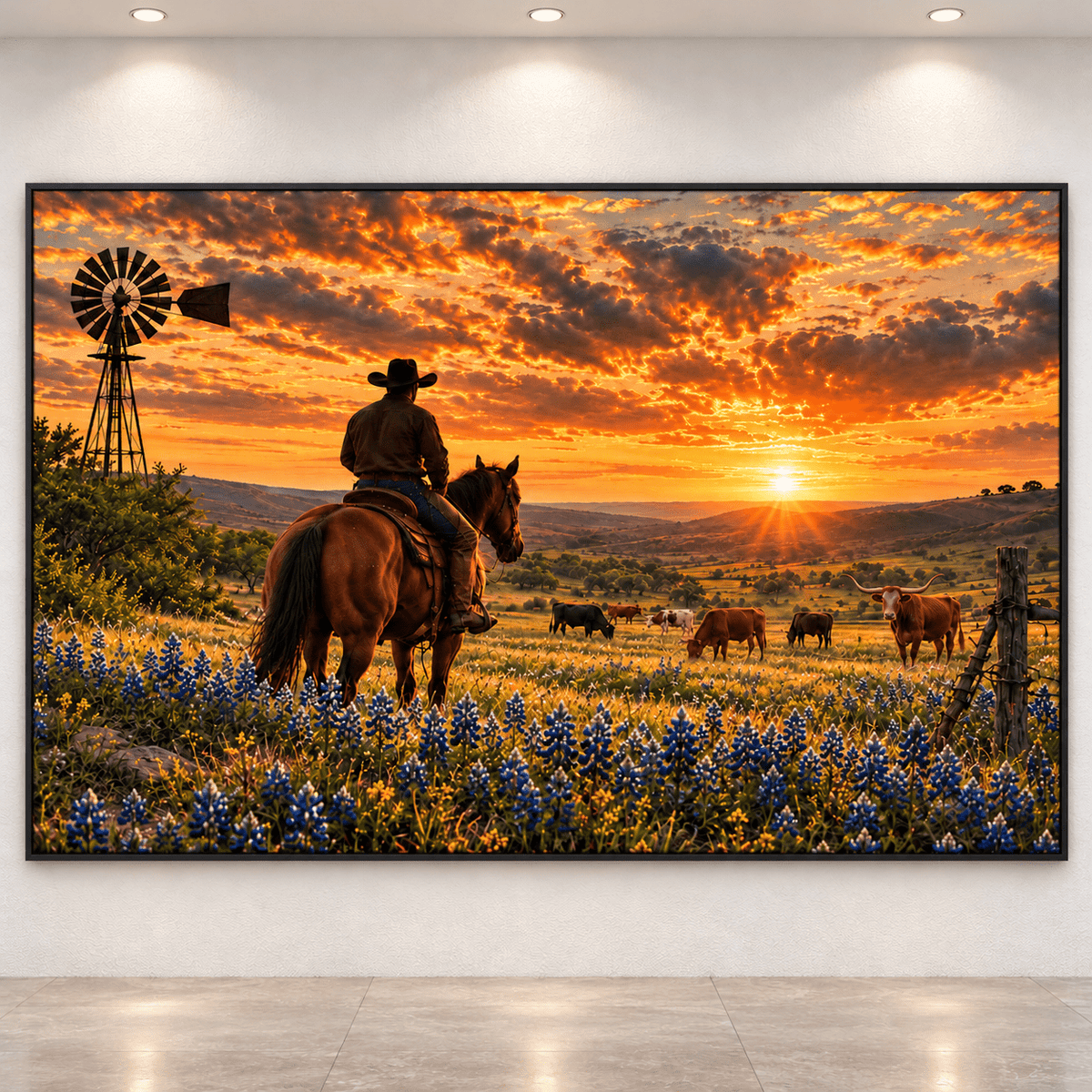 Cowboy Watching Cattle Herd in Texas Bluebonnet Field at Sunset Wrapped Canvas Wall Art – Ranch Longhorn Print - ART OF ROYALS