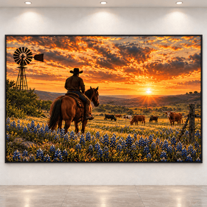 Cowboy Watching Cattle Herd in Texas Bluebonnet Field at Sunset Wrapped Canvas Wall Art – Ranch Longhorn Print - ART OF ROYALS