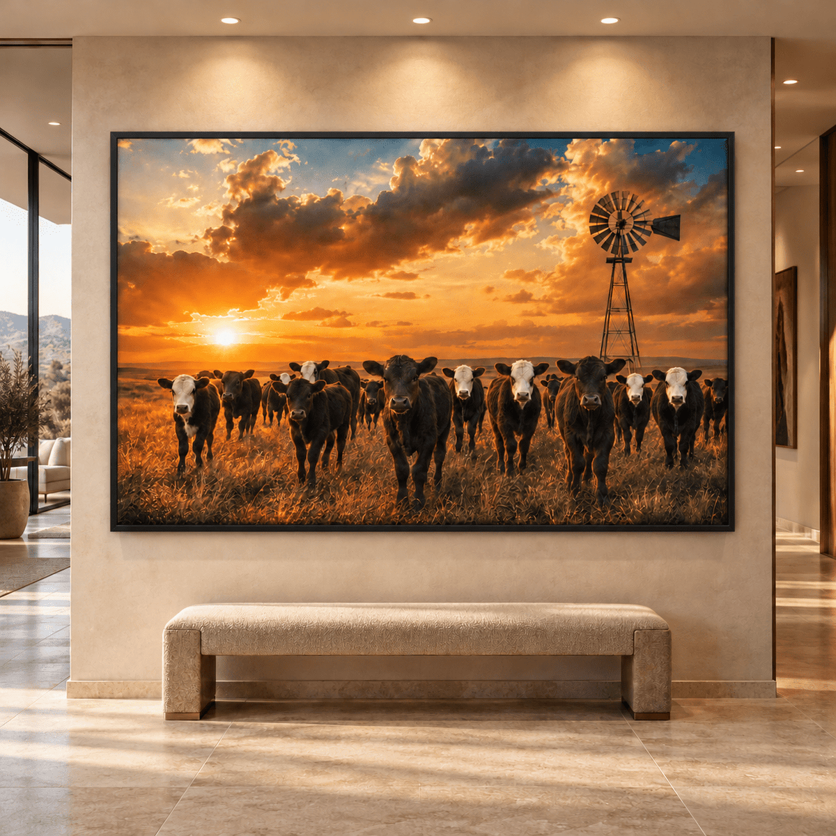 Curious Black Baldy and Black Angus Calves at Golden Sunset Canvas Wall Art – Ranch Calf Herd Print - ART OF ROYALS