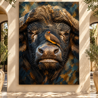 African Buffalo & Oxpecker Wrapped Canvas Wall Art – Wildlife Friendship Painting