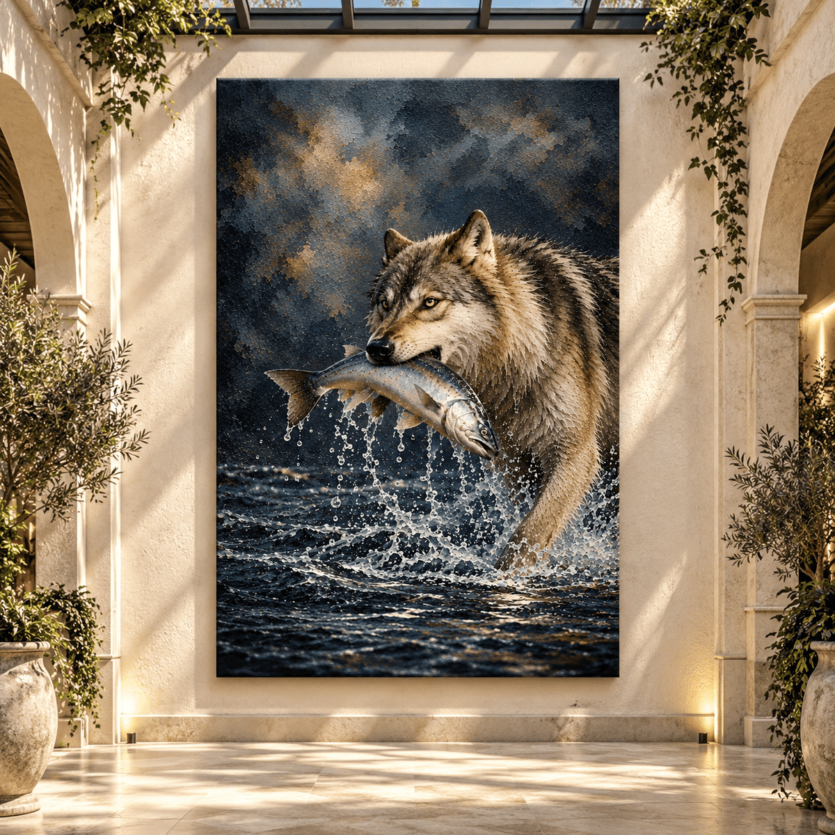 Gray Wolf Catching Salmon Canvas Wall Art – Dramatic River Wildlife Painting - ART OF ROYALS