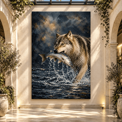 Gray Wolf Catching Salmon Canvas Wall Art – Dramatic River Wildlife Painting - ART OF ROYALS