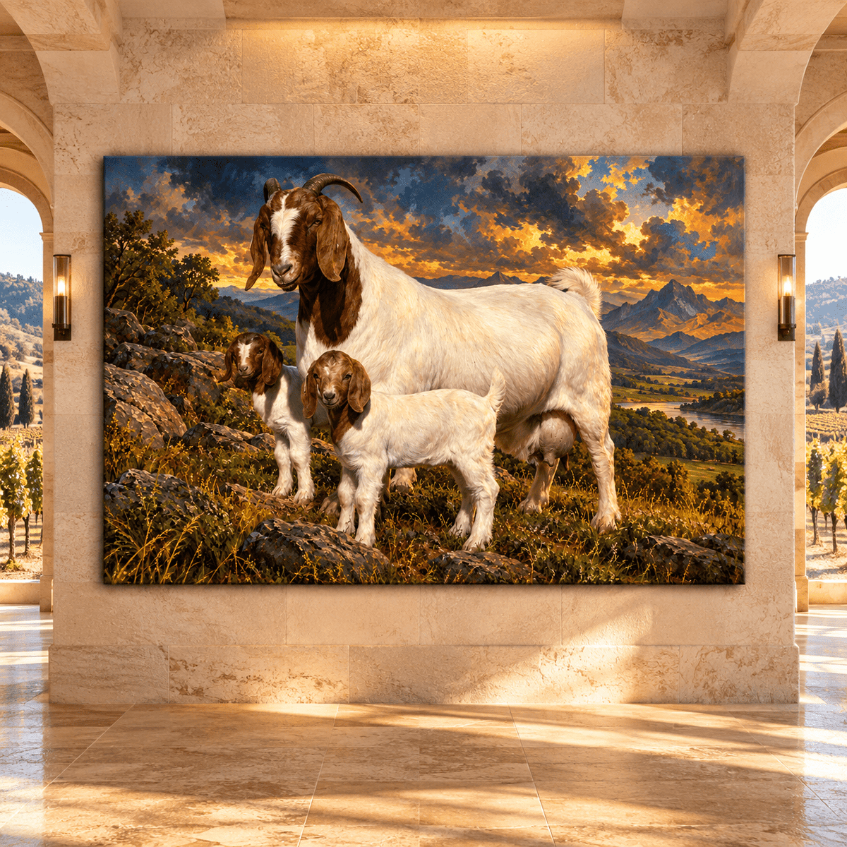 Boer Goat Family Canvas Wall Art – Mother Goat with Two Kids at Golden Sunset Oil Painting - ART OF ROYALS