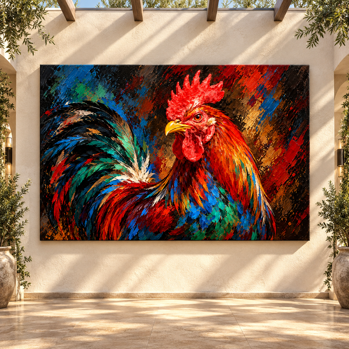 Colorful Rooster Wrapped Canvas Wall Art – Vibrant Farmhouse Chicken Painting
