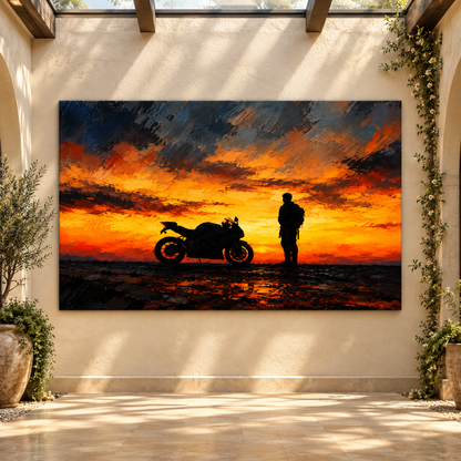 Motorcycle Rider at Sunset Wrapped Canvas Wall Art – Sportbike Adventure Silhouette Painting