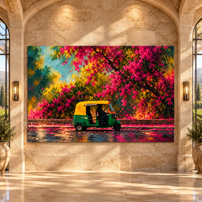 Colorful Indian Auto Rickshaw Canvas Wall Art – Green Tuk Tuk Under Pink Bougainvillea Oil Painting - ART OF ROYALS