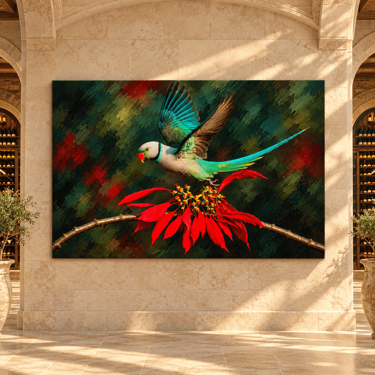 Indian Ringneck Parakeet Wrapped Canvas Wall Art – Green Rose-Ringed Parakeet in Flight Painting - ART OF ROYALS