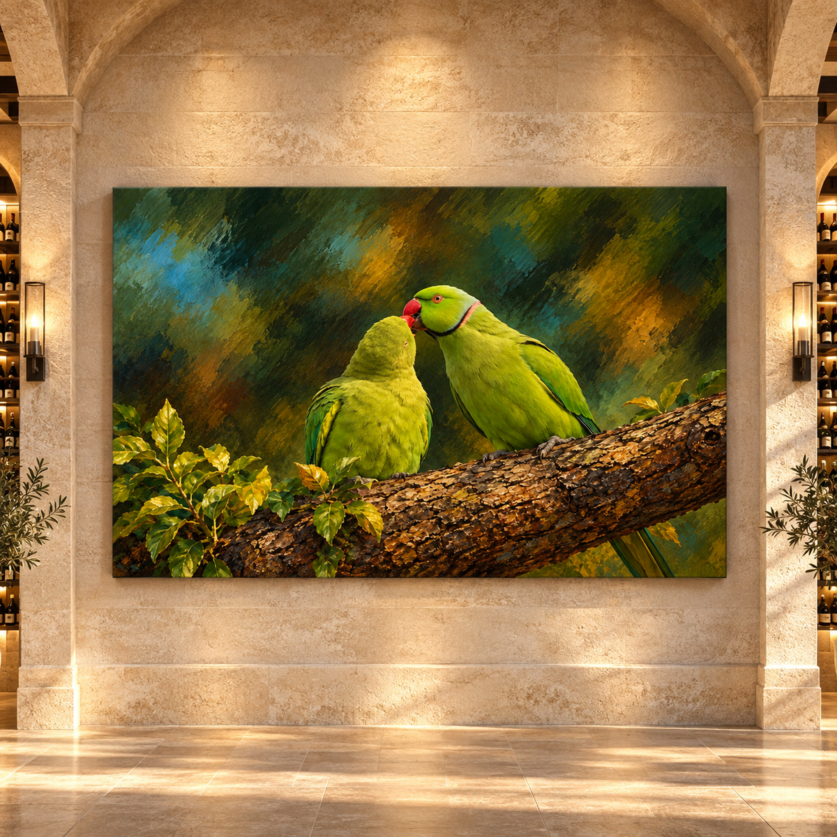 Indian Ringneck Parakeet Pair Wrapped Canvas Wall Art – Rose-Ringed Parakeet Lovebirds Painting
