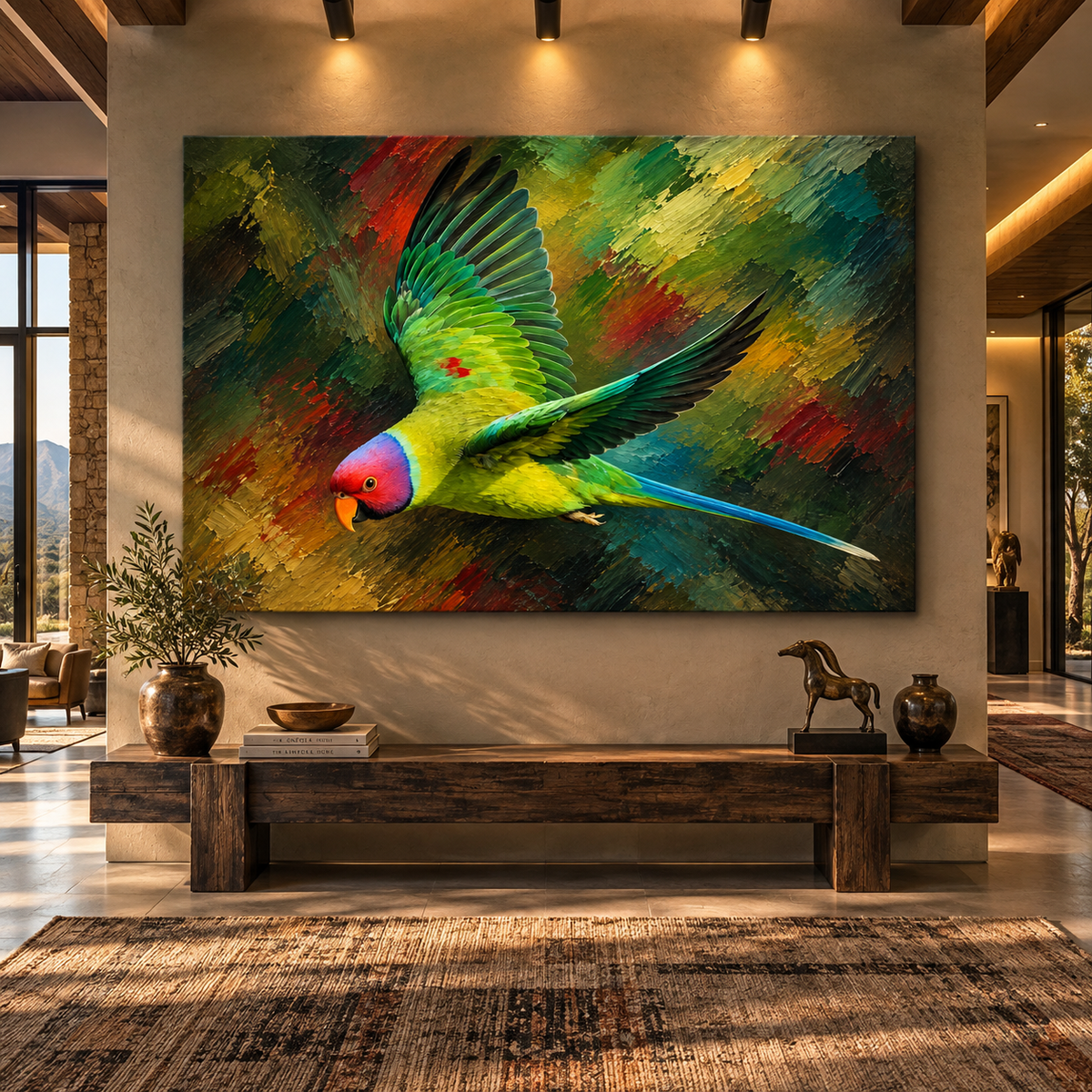 Flying Plum-Headed Parakeet Canvas Wall Art – Colorful Green Parrot in Flight Oil Painting - ART OF ROYALS