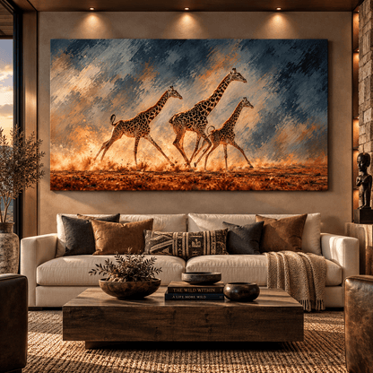 Masai Giraffe Herd Wrapped Canvas Wall Art – Running African Giraffes Wildlife Painting - ART OF ROYALS