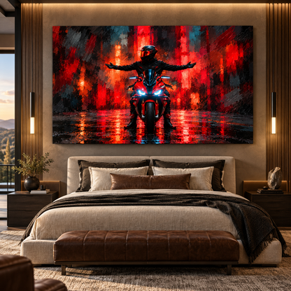 Red Sport Motorcycle Rider Wrapped Canvas Wall Art – Neon Street Bike Painting
