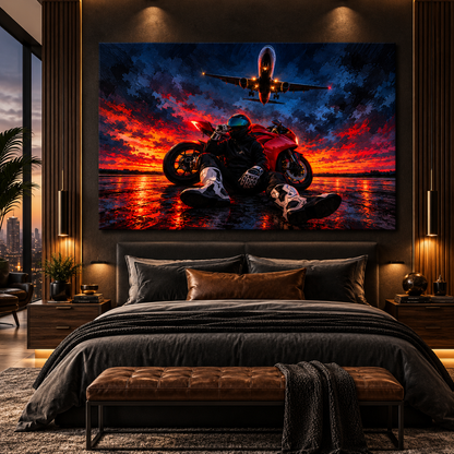 Motorcycle Rider & Airplane Wrapped Canvas Wall Art – Red Sportbike Aviation Adventure Painting