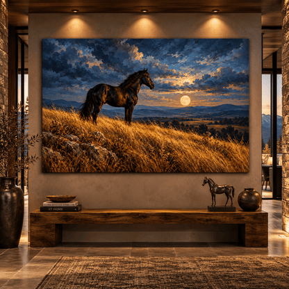 Black Horse Under Full Moon Canvas Wall Art – Majestic Stallion on Golden Hillside Oil Painting - ART OF ROYALS