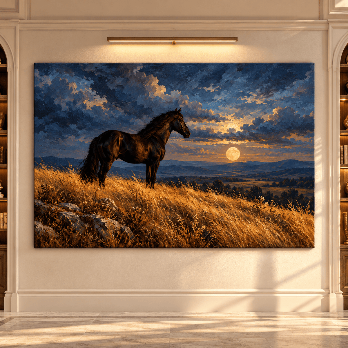 Black Horse Under Full Moon Canvas Wall Art – Majestic Stallion on Golden Hillside Oil Painting - ART OF ROYALS