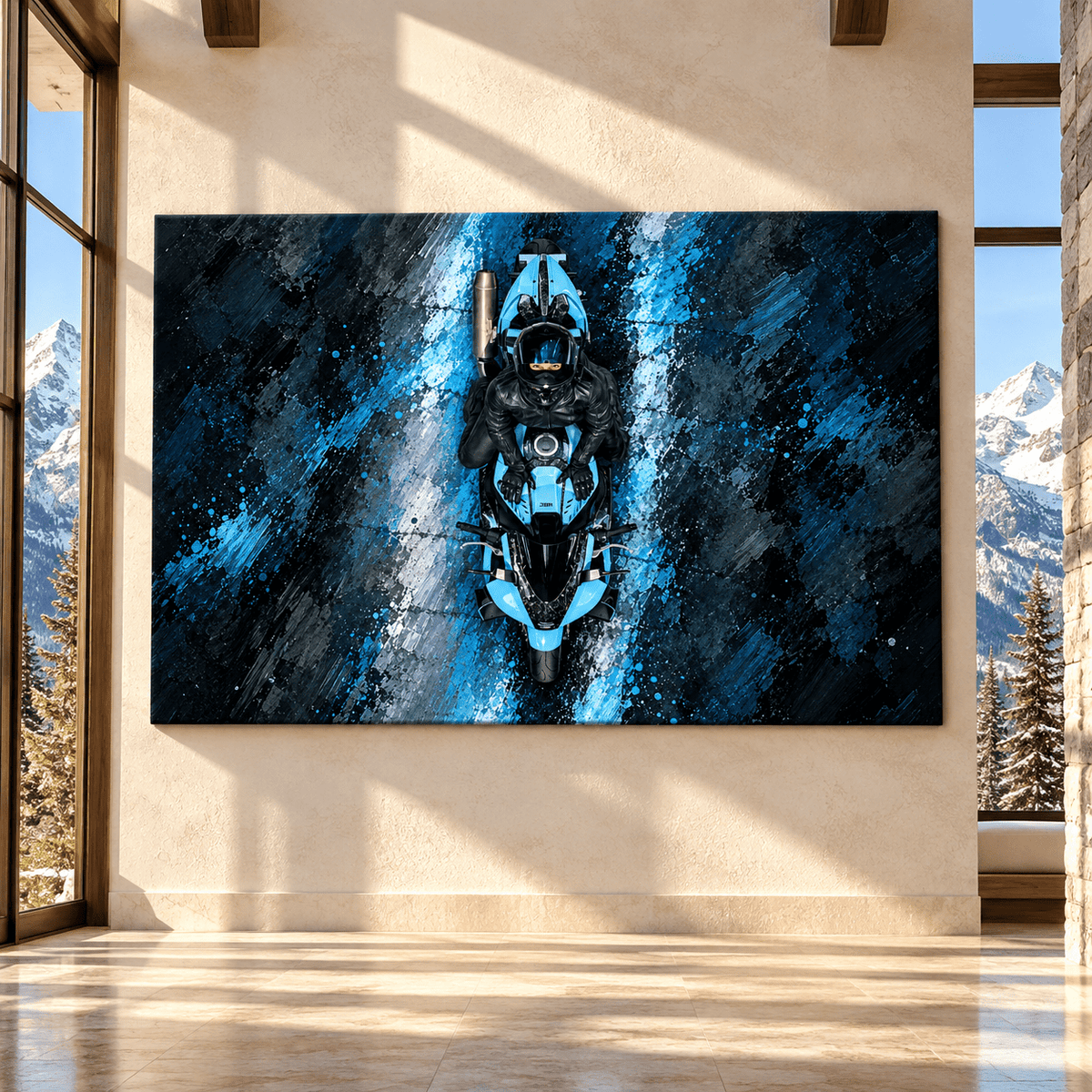 Blue Sport Motorcycle Rider Wrapped Canvas Wall Art – Abstract Biker Racing Painting - ART OF ROYALS