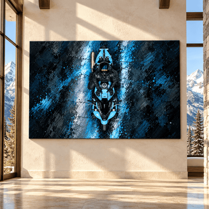 Blue Sport Motorcycle Rider Wrapped Canvas Wall Art – Abstract Biker Racing Painting - ART OF ROYALS