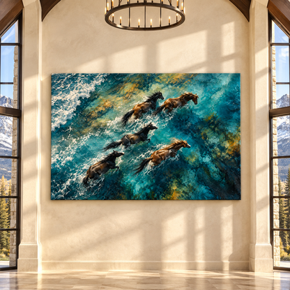Wild Horses Running Through Ocean Waves Wrapped Canvas Wall Art – Coastal Horse Painting
