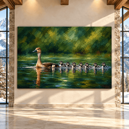 Mother Duck with Seven Ducklings Wrapped Canvas Wall Art – Peaceful Green Pond Wildlife Painting - ART OF ROYALS