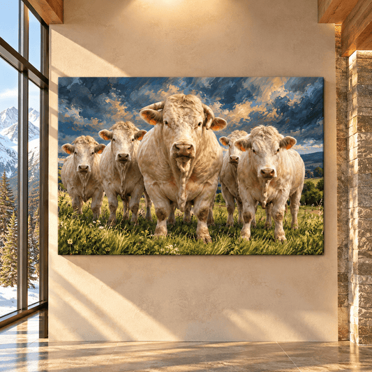 Charolais Cattle Herd Wrapped Canvas Wall Art – White Cows Pasture Painting - ART OF ROYALS