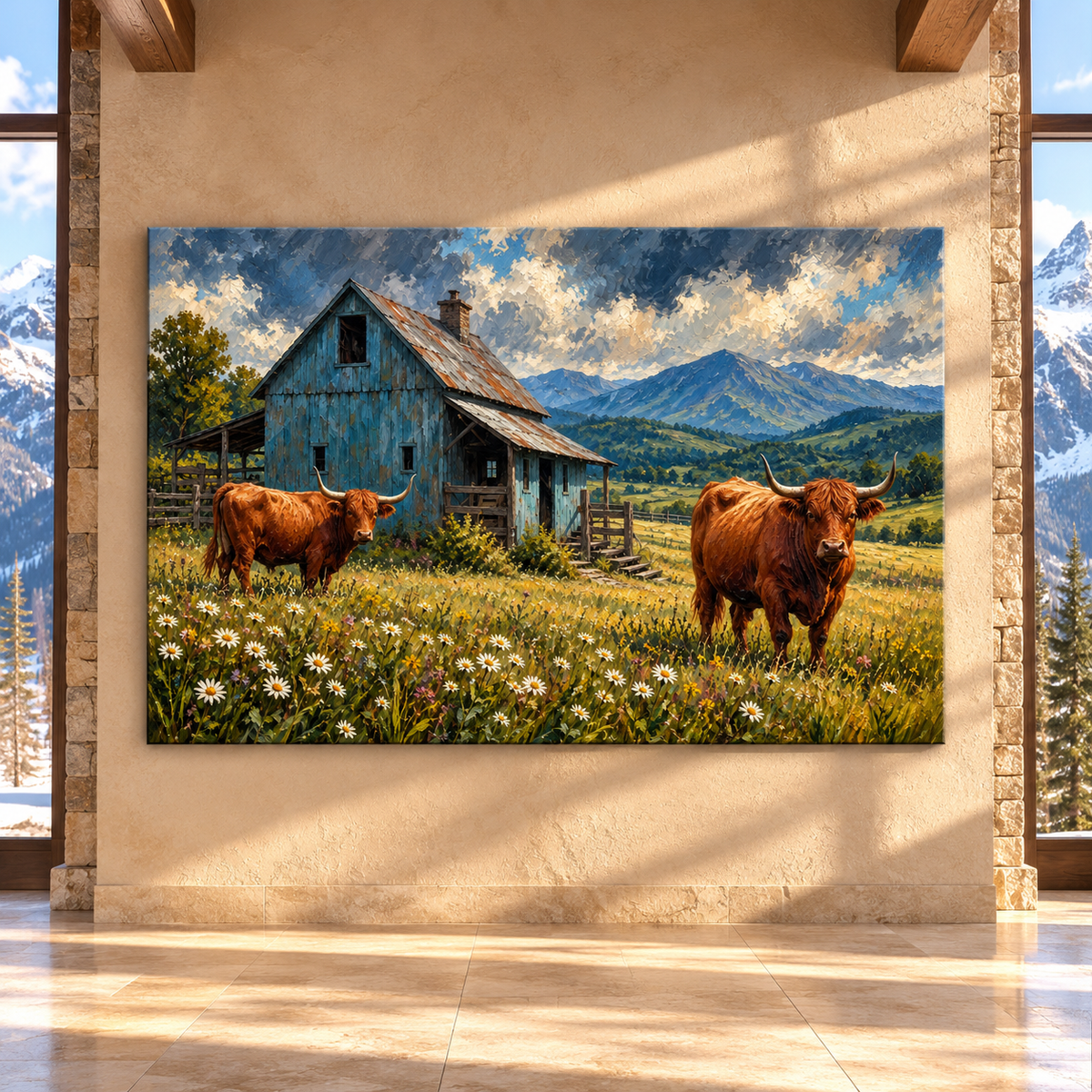 Scottish Highland Cows by Blue Rustic Barn Wrapped Canvas Wall Art – Mountain Farmhouse Landscape Painting - ART OF ROYALS