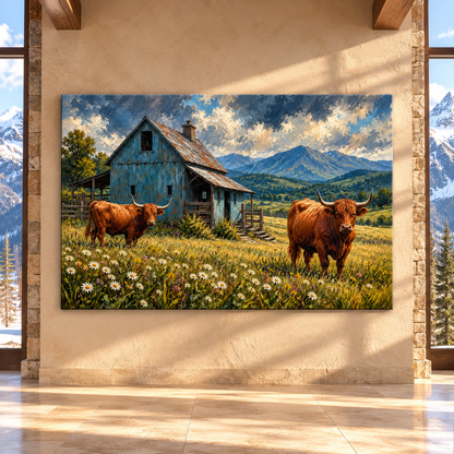 Scottish Highland Cows by Blue Rustic Barn Wrapped Canvas Wall Art – Mountain Farmhouse Landscape Painting - ART OF ROYALS