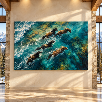 Wild Horses Running Through Ocean Waves Wrapped Canvas Wall Art – Coastal Horse Painting
