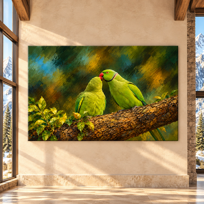Indian Ringneck Parakeet Pair Wrapped Canvas Wall Art – Rose-Ringed Parakeet Lovebirds Painting