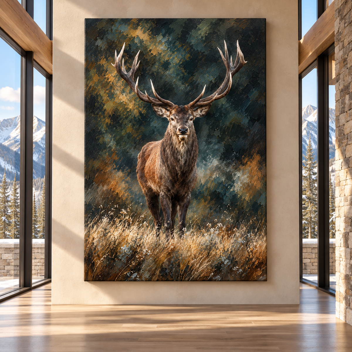 Majestic Red Stag Wrapped Canvas Wall Art – Dark Woodland Deer Painting