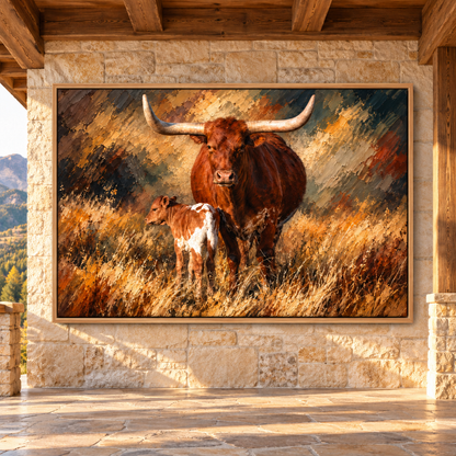 Texas Longhorn Cow and Calf Impasto Palette Knife Wrapped Canvas Wall Art – Mother Cow Ranch Print