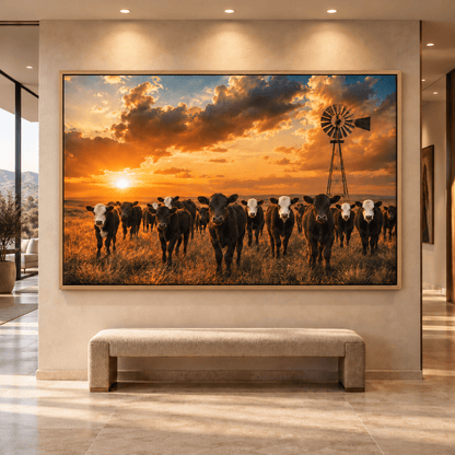 Curious Black Baldy and Black Angus Calves at Golden Sunset Canvas Wall Art – Ranch Calf Herd Print - ART OF ROYALS