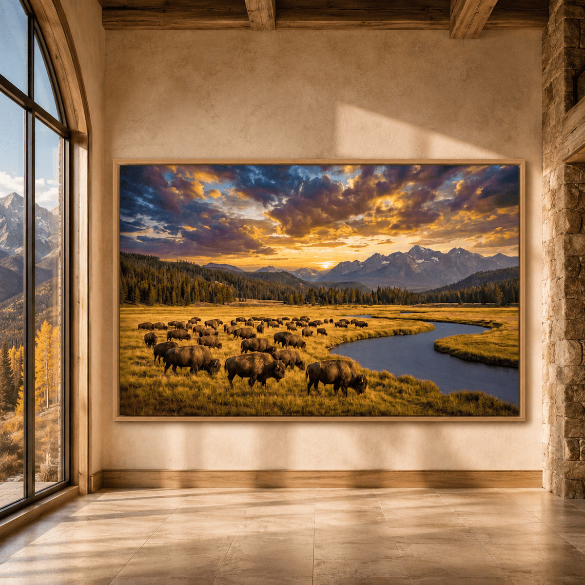 Majestic Bison Herd at Sunset Canvas Wall Art – Mountain River Wilderness Landscape Decor - ART OF ROYALS