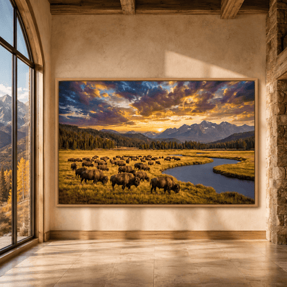 Majestic Bison Herd at Sunset Canvas Wall Art – Mountain River Wilderness Landscape Decor - ART OF ROYALS