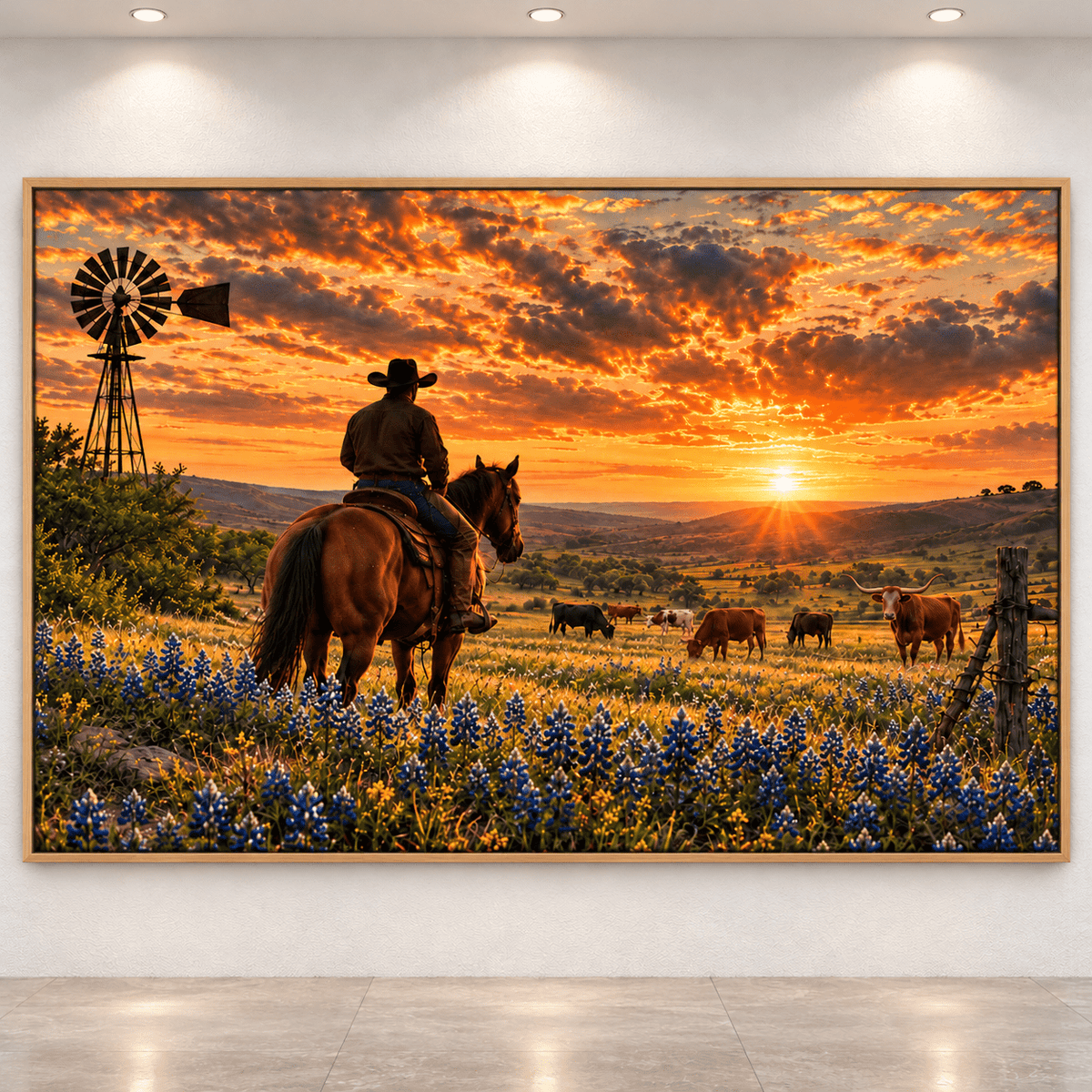 Cowboy Watching Cattle Herd in Texas Bluebonnet Field at Sunset Wrapped Canvas Wall Art – Ranch Longhorn Print - ART OF ROYALS