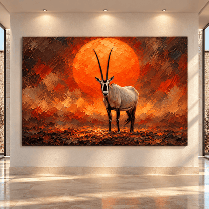 Arabian Oryx at Sunset Canvas Wall Art – Majestic White Antelope with Orange Sun Wildlife Oil Painting - ART OF ROYALS