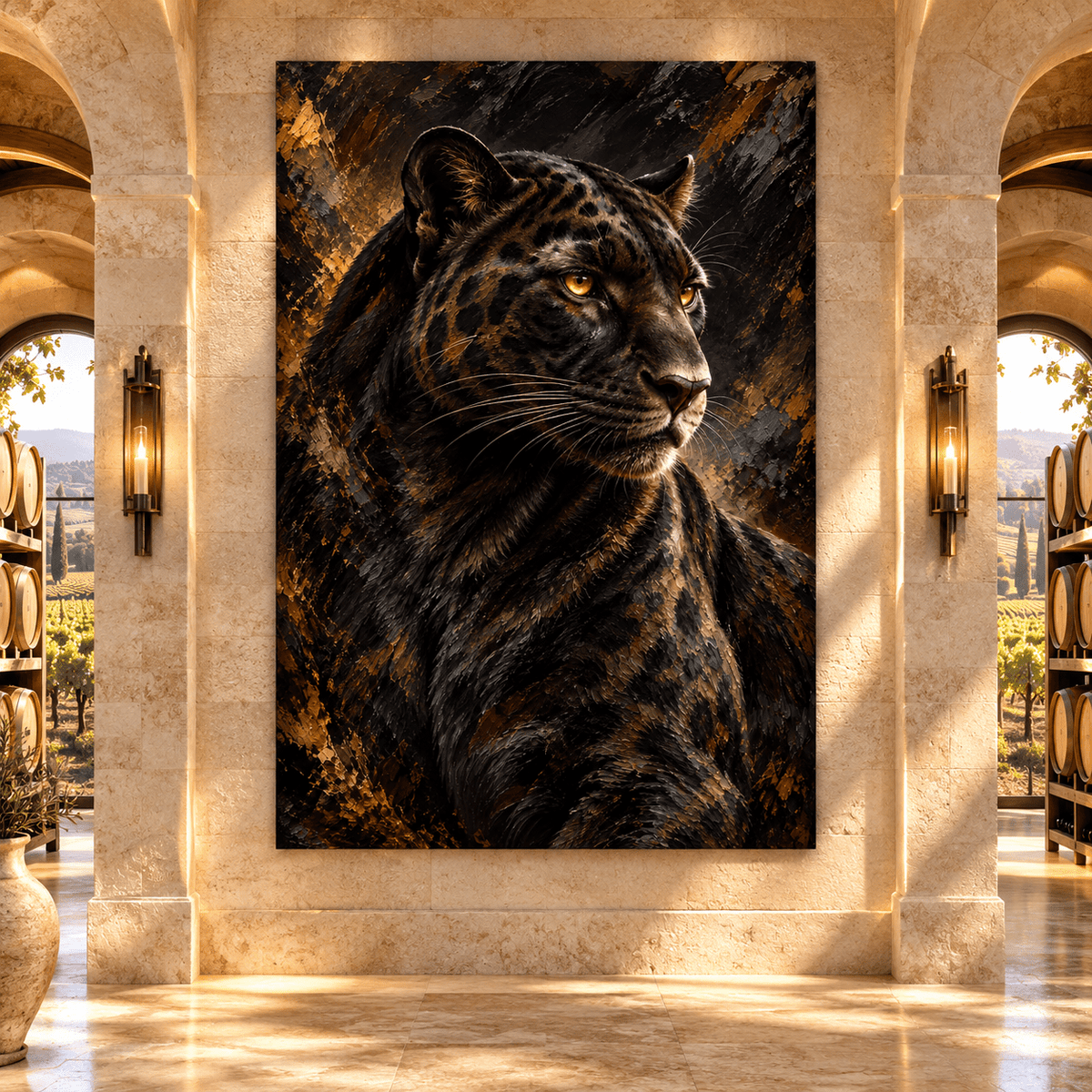 Black Panther Portrait Wrapped Canvas Wall Art – Majestic Dark Leopard Wildlife Painting - ART OF ROYALS