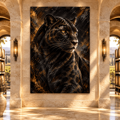 Black Panther Portrait Wrapped Canvas Wall Art – Majestic Dark Leopard Wildlife Painting - ART OF ROYALS