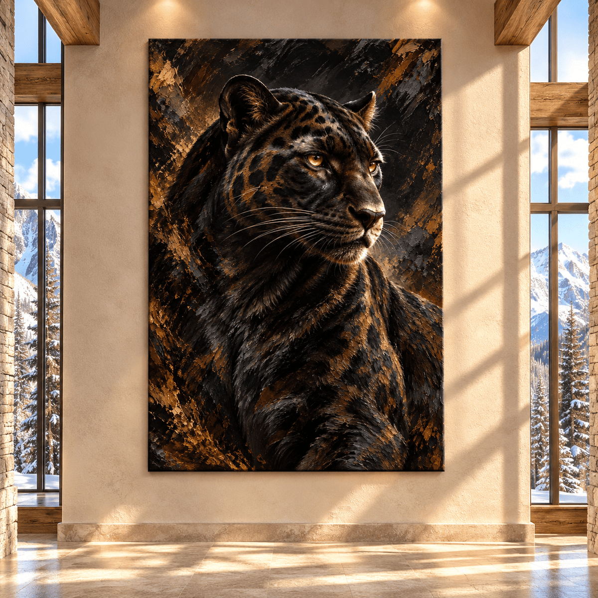 Black Panther Portrait Wrapped Canvas Wall Art – Majestic Dark Leopard Wildlife Painting - ART OF ROYALS