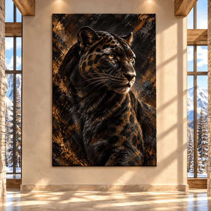 Black Panther Portrait Wrapped Canvas Wall Art – Majestic Dark Leopard Wildlife Painting - ART OF ROYALS