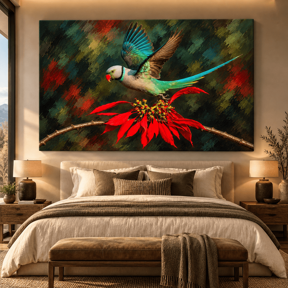 Indian Ringneck Parakeet Wrapped Canvas Wall Art – Green Rose-Ringed Parakeet in Flight Painting - ART OF ROYALS