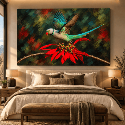 Indian Ringneck Parakeet Wrapped Canvas Wall Art – Green Rose-Ringed Parakeet in Flight Painting - ART OF ROYALS