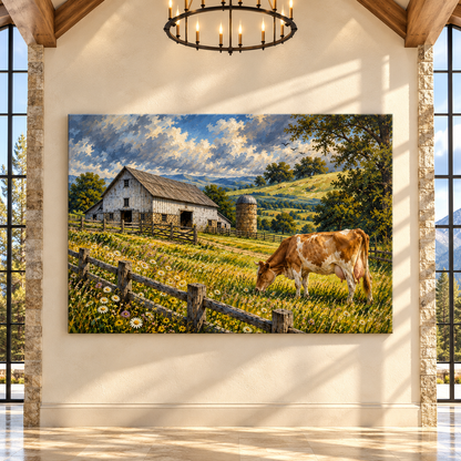 Guernsey Cow Farmhouse Wrapped Canvas Wall Art – Rustic Dairy Farm & Barn Landscape Painting