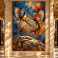 Golden Pheasant Pair in Flight Wrapped Canvas Wall Art – Colorful Game Bird Painting