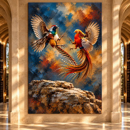 Golden Pheasant Pair in Flight Wrapped Canvas Wall Art – Colorful Game Bird Painting