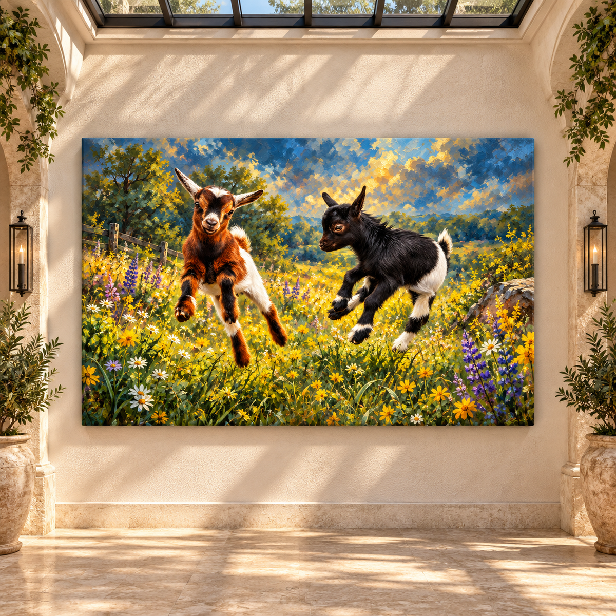 Nigerian Dwarf Goat Kids Wrapped Canvas Wall Art – Playful Baby Goats in Wildflower Meadow Painting