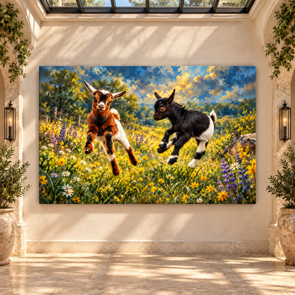 Nigerian Dwarf Goat Kids Wrapped Canvas Wall Art – Playful Baby Goats in Wildflower Meadow Painting