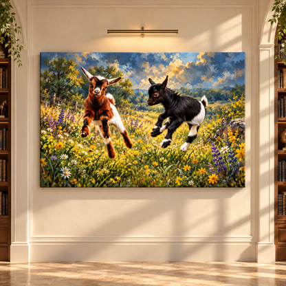 Nigerian Dwarf Goat Kids Wrapped Canvas Wall Art – Playful Baby Goats in Wildflower Meadow Painting