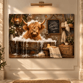Funny Highland Cow Bathtub Canvas Wall Art – Hello Sweet Cheeks Rustic Farmhouse Bathroom Decor