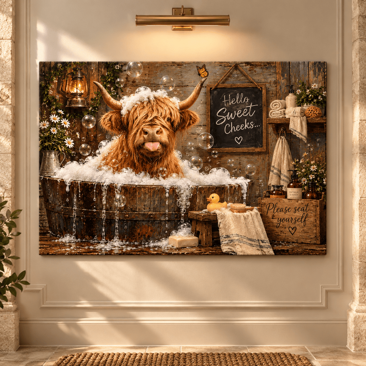 Funny Highland Cow Bathtub Canvas Wall Art – Hello Sweet Cheeks Rustic Farmhouse Bathroom Decor - ART OF ROYALS