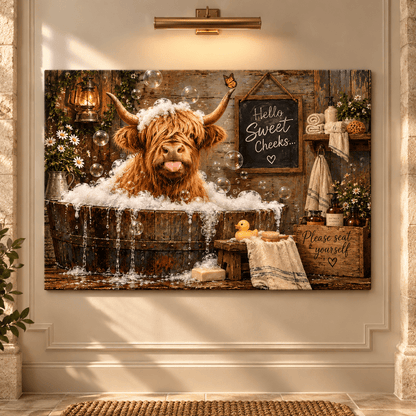 Funny Highland Cow Bathtub Canvas Wall Art – Hello Sweet Cheeks Rustic Farmhouse Bathroom Decor - ART OF ROYALS